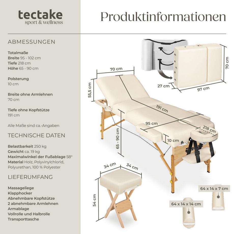 Tectake Set de tables de massage portable pliante à 3 zones  largeur 70 cm et rembourrage de 10 cm  