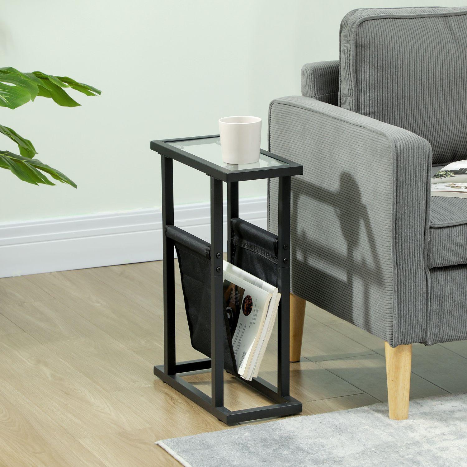 Northio Table d'appoint Table Basse avec Sac en Tissu Table Basse à Cadre en métal avec Plateau en Verre Table de Chevet pour Salon Chambre Noir 40 x 18 x 55,5 cm  