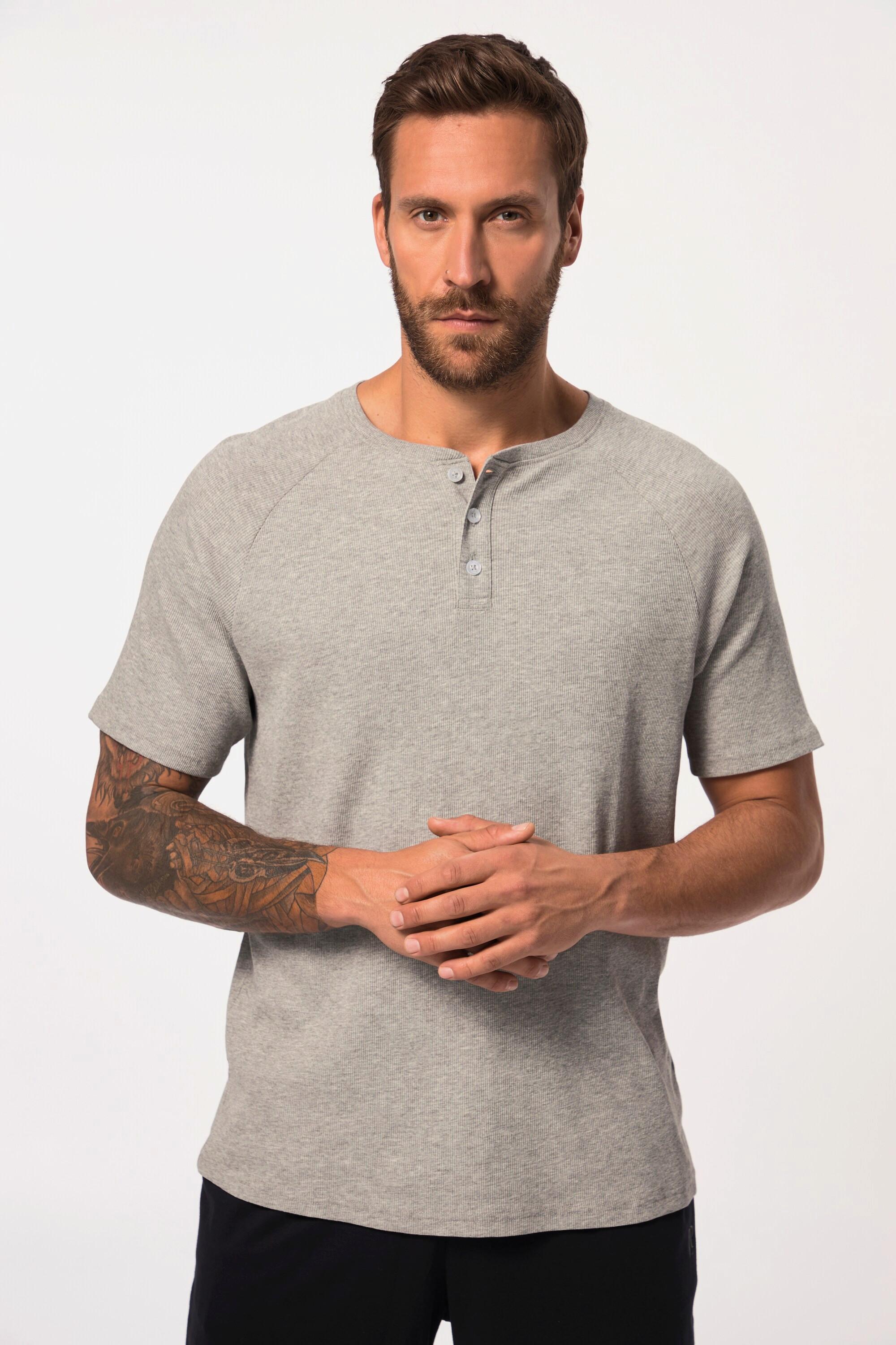 JP1880  Haut de pyjama Henley en jersey chiné. T-shirt à manches courtes. Col rond avec patte de boutonnage. Jusqu'au 8XL. 