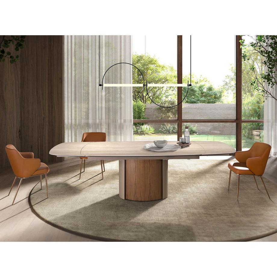 ANGEL CERDA Table de salle à manger rectangulaire à rallonge en marbre porcelaine, acier sable métallique et noyer  