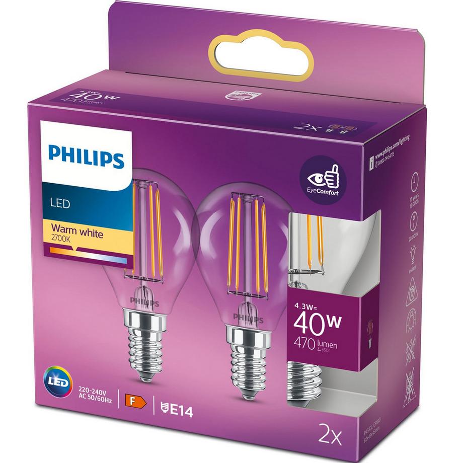 Confezione da 2 LED E14 Globo 4,3W (40W) Trasparente 470lm
