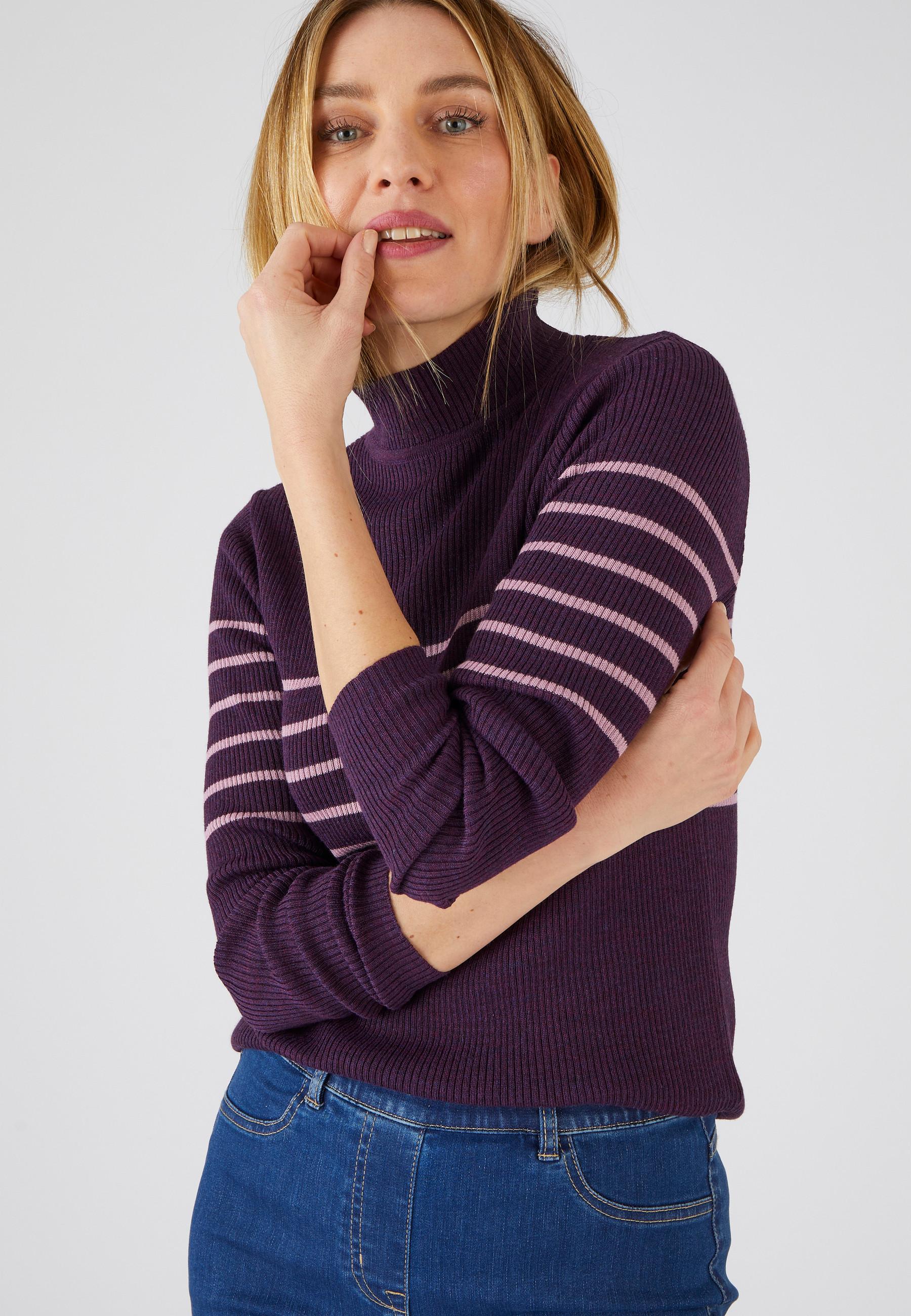 Image of Rippstrickpullover Stehkragen Uni Und Gestreift, 50 % Merino-wolle. Damen Violett 46/48