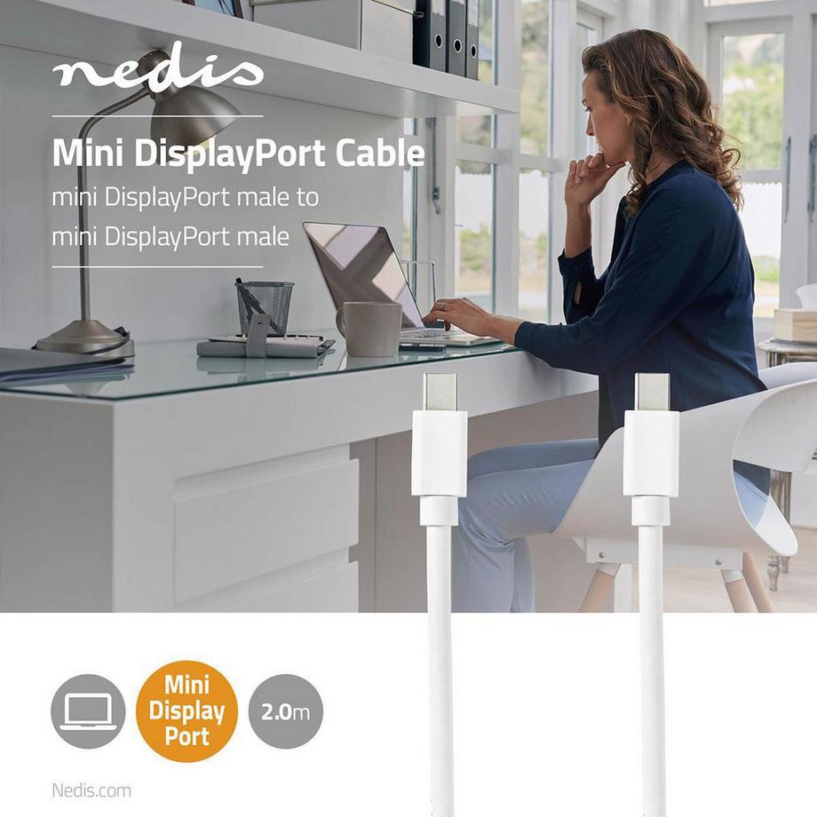 Nedis  Câble mini DisplayPort | DisplayPort 1.4 | Mini DisplayPort Hane | Mini DisplayPort Hane | 48 Gbps | Nickelplaterad | 2.00 m | Rond | PVC | Vit | Blister 