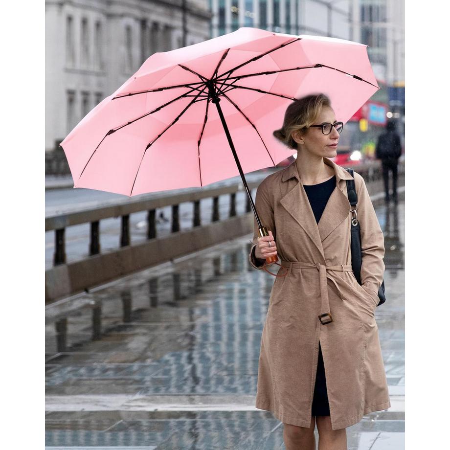 Alopini Grand parapluie automatique anti-tempête avec double canopée ventilée et poignée en bois  