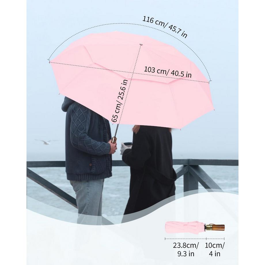 Alopini Grand parapluie automatique anti-tempête avec double canopée ventilée et poignée en bois  