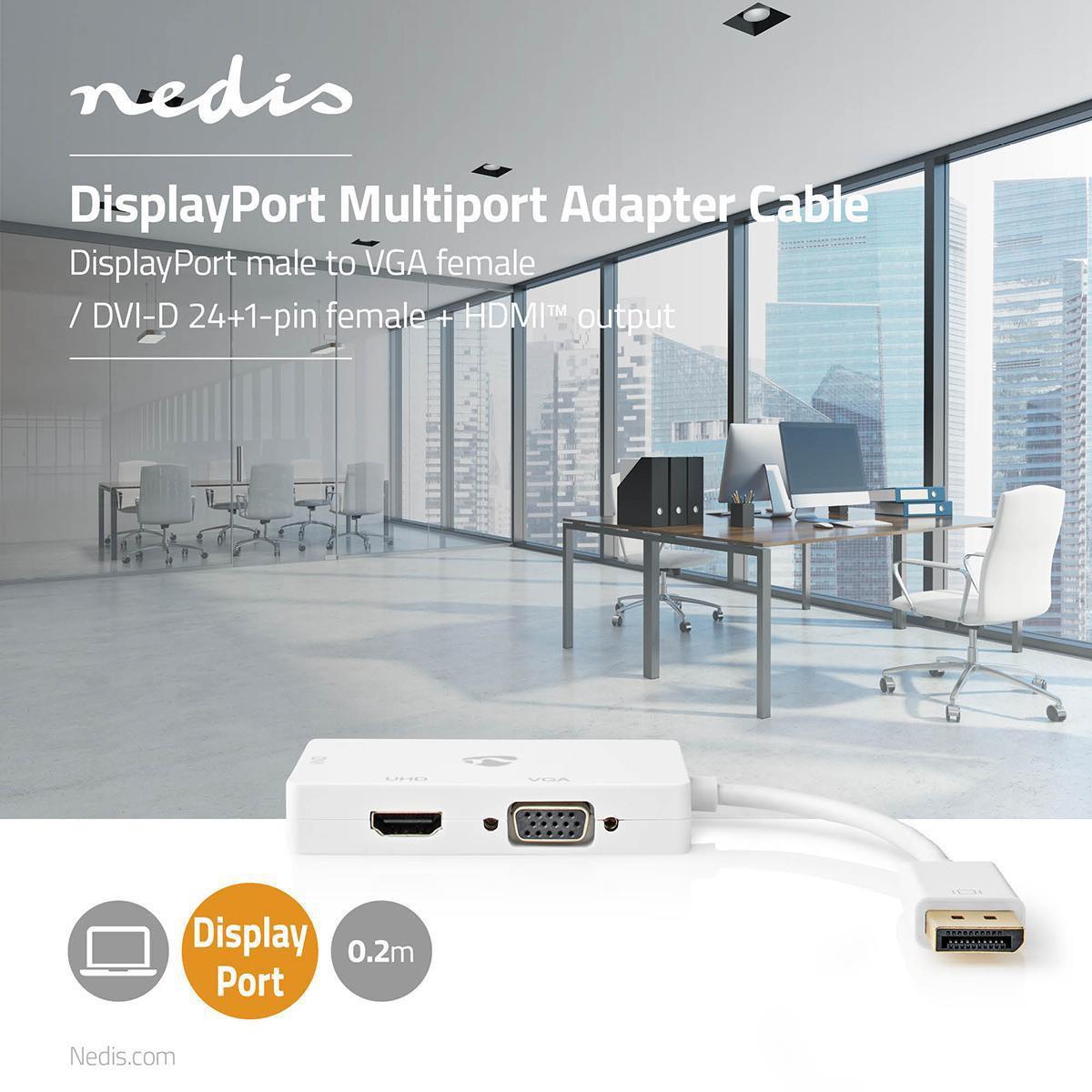 Image of Displayport-Adapter | DisplayPort-Stecker | DVI-D 24+1-Pin-Buchse / HDMI™-Buchse / VGA-Buchse 15p | 4K@60Hz | Vergoldet | Schaltbar | 0,20m | Rund | ABS | ABS | Weiß | Blisterverpackung.