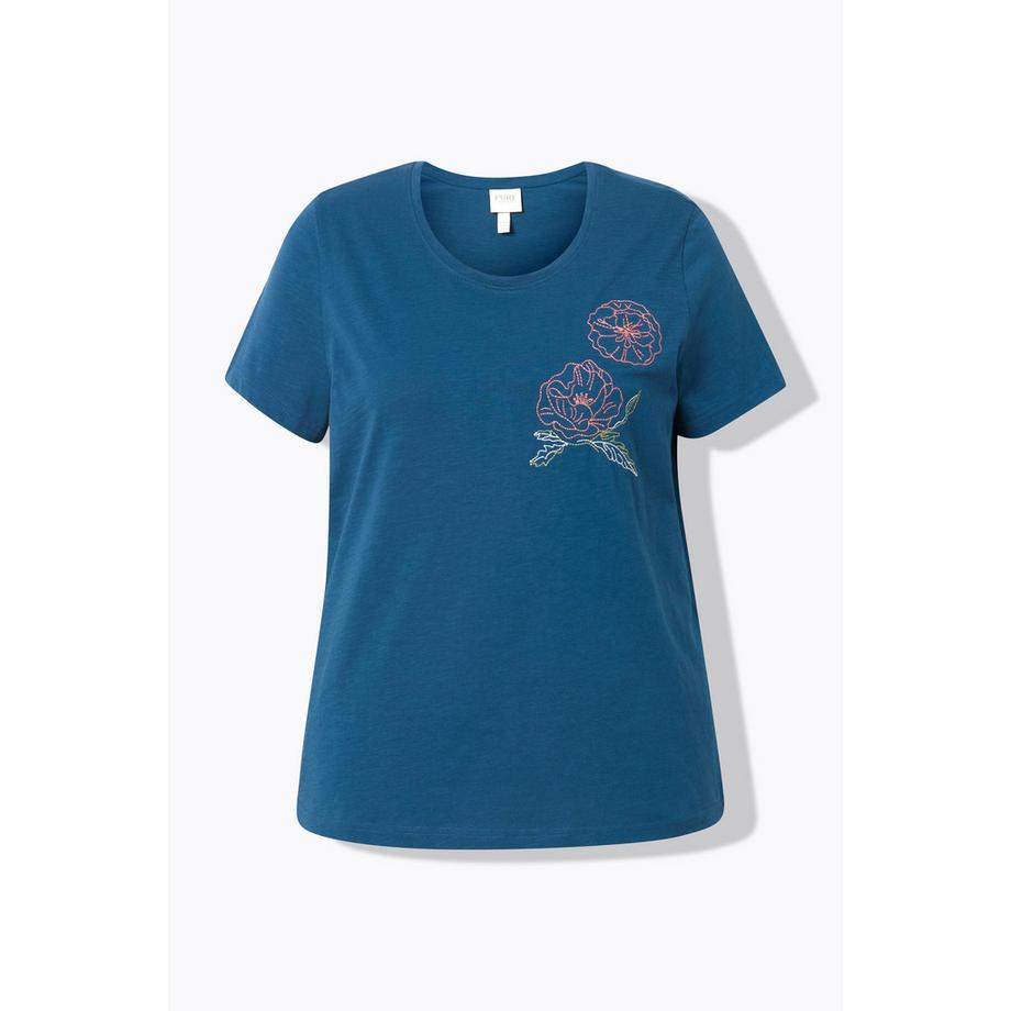 Ulla Popken Mohn-Stickerei Rundhals Halbarm T-Shirt  