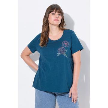 T-Shirt, Mohn-Stickerei, Rundhals, Halbarm