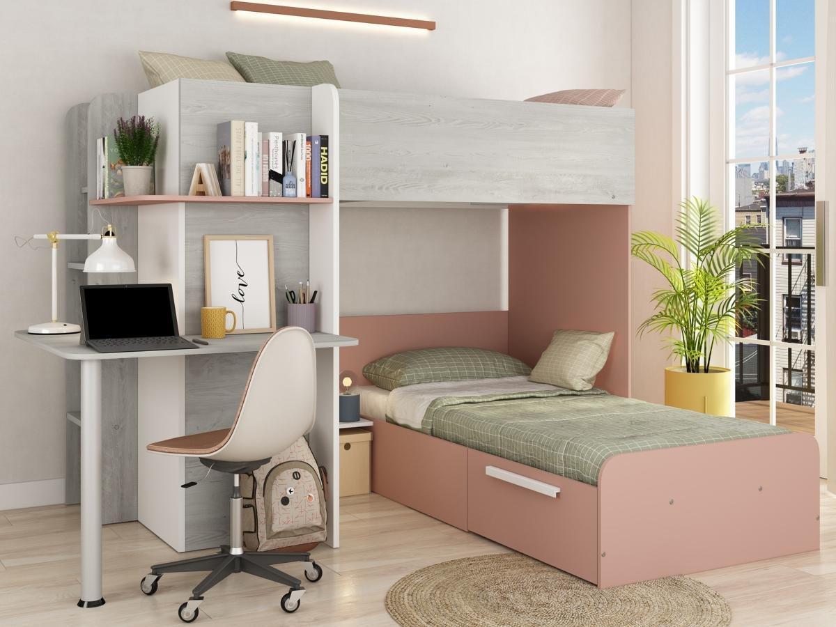 Vente-unique Letto a castello ad angolo con Scrivania + Materasso 2 x 90 x 190 cm Grigio, Bianco e Rosa - SAMUEL  