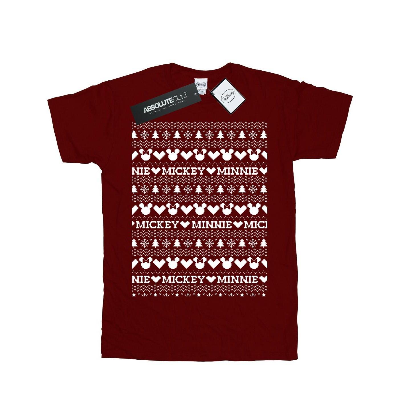 Image of Mickey And Minnie Christmas Fair Isle Tshirt Unisex Weinrot 140/146