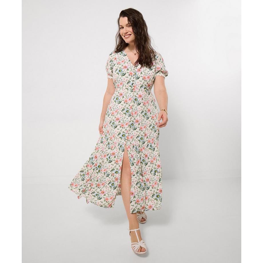 Robe Maxi Froissée Imprimée avec Manches Bouffantes Bordées de Dentelle et Détail Bouton