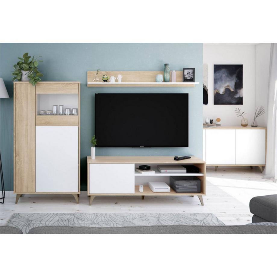 Calicosy Meuble TV 2 niches et 1 porte avec son étagère murale Kikua Plus - L135 cm  