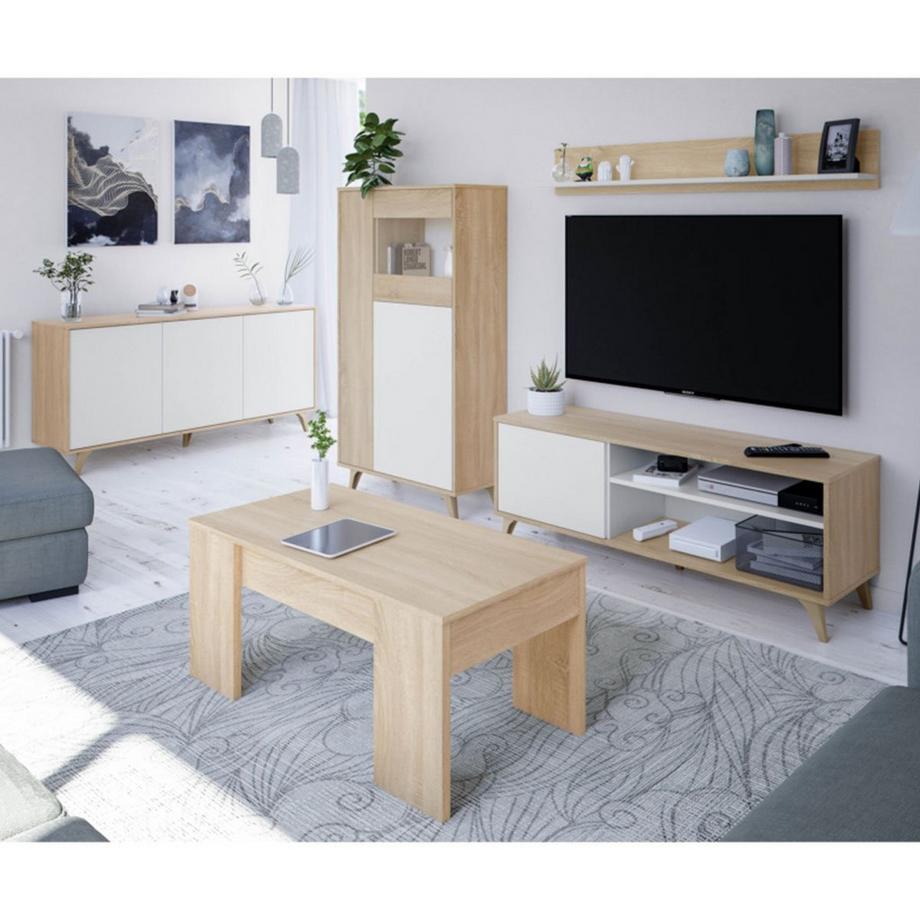 Calicosy Meuble TV 2 niches et 1 porte avec son étagère murale Kikua Plus - L135 cm  
