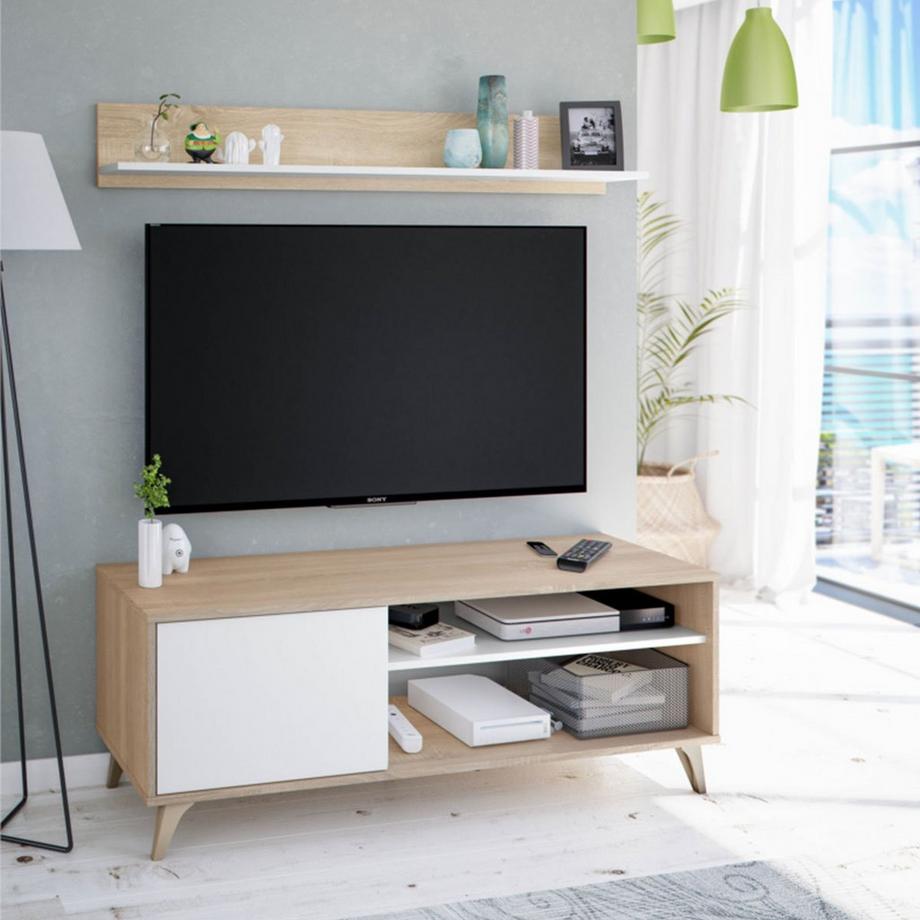 Calicosy Meuble TV 2 niches et 1 porte avec son étagère murale Kikua Plus - L135 cm  