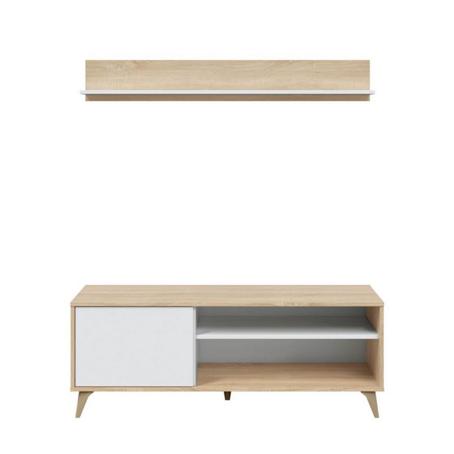Calicosy Meuble TV 2 niches et 1 porte avec son étagère murale Kikua Plus - L135 cm  