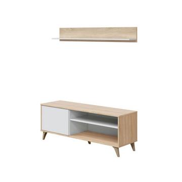 Meuble TV 2 niches et 1 porte avec son étagère murale Kikua Plus - L135 cm