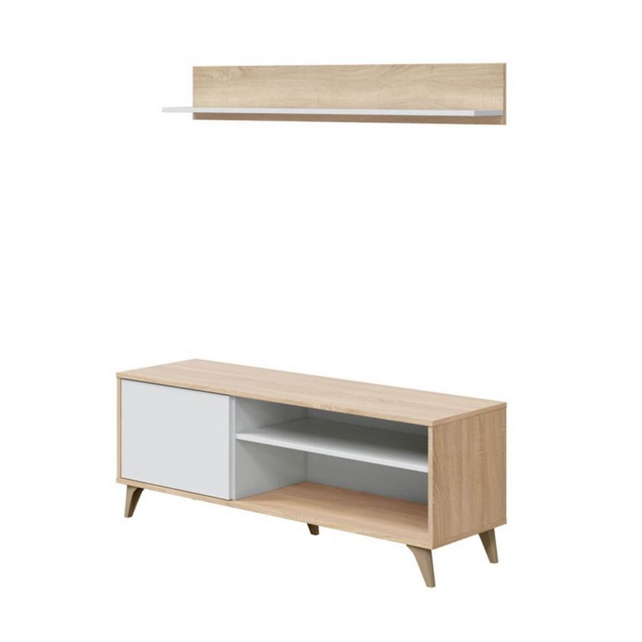 Meuble TV 2 niches et 1 porte avec son étagère murale Kikua Plus - L135 cm