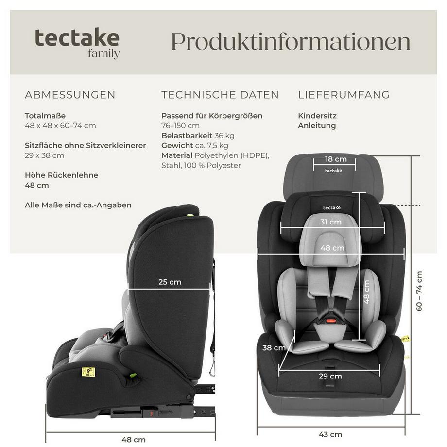 Tectake  Siège auto EMELY avec réducteur d'assise amovible 