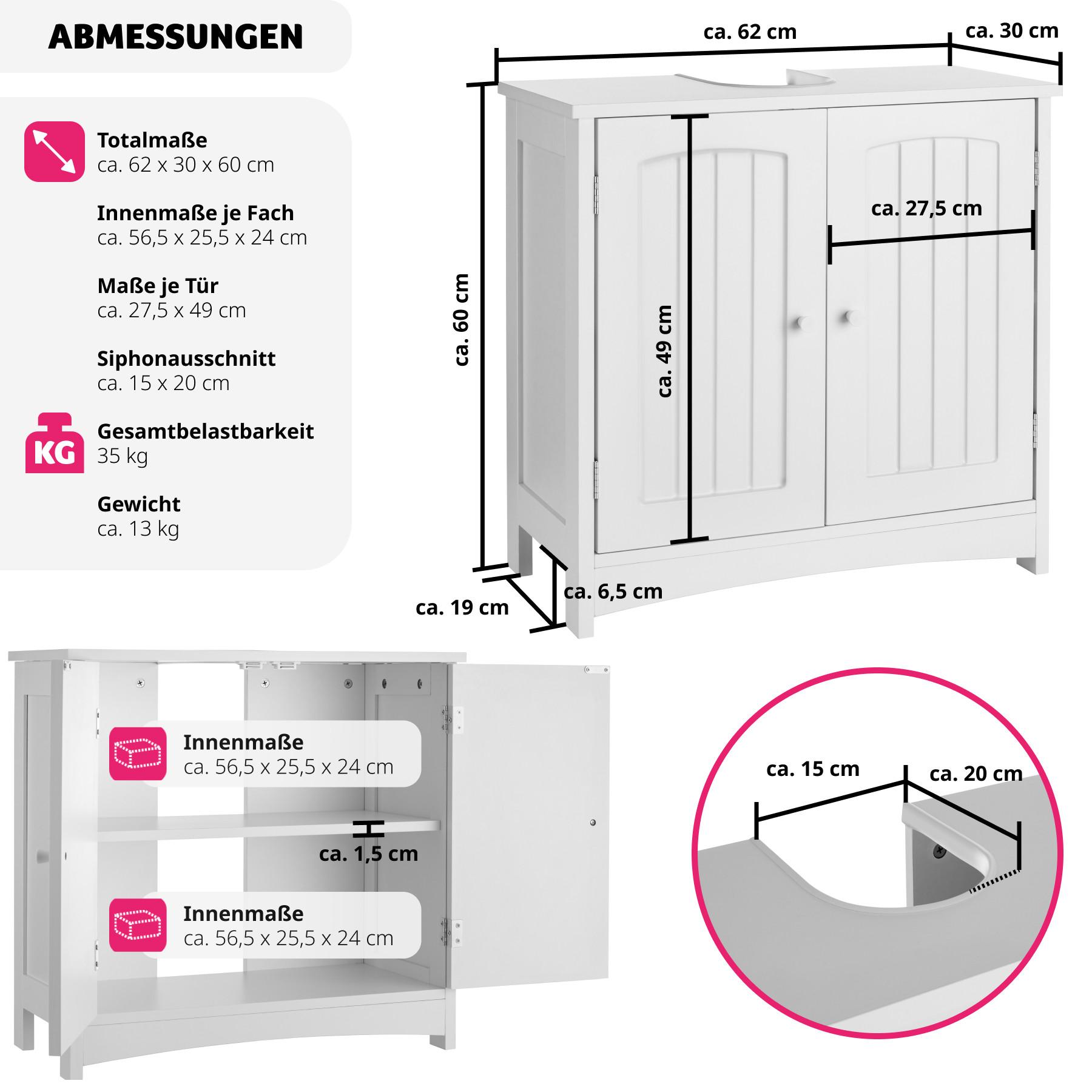 Tectake Waschbeckenunterschrank Jasper, 2 Fächer, Belastbarkeit 35 kg  