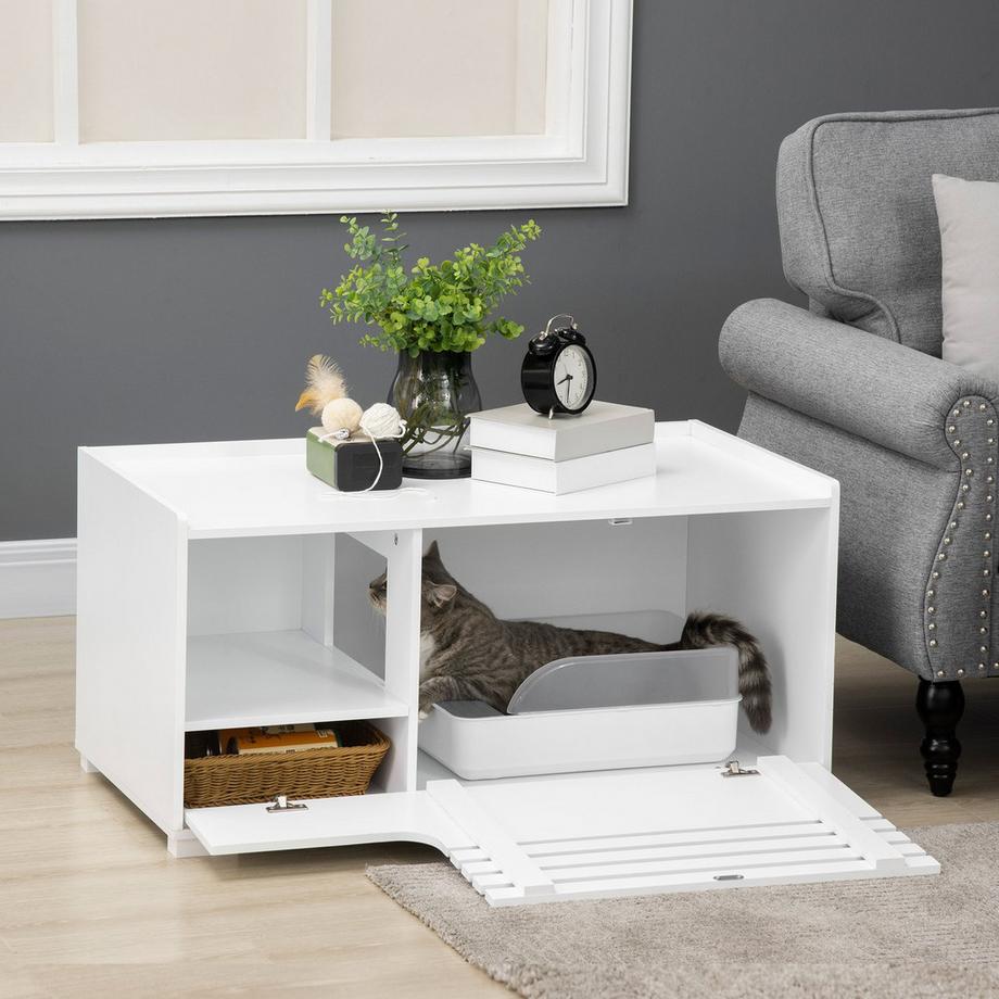 Northio  Armoire Pour Chat Avec Bac À Litière Pour Chat Avec Porte Magnétique, Table D'Appoint, Mdf, Blanc 