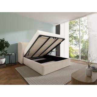 Vente-unique Bett mit Bettkasten & geschwungenem Kopfteil - 180 x 200 cm - Mit LED-Beleuchtung - Stoff - Beige - STOKALI  