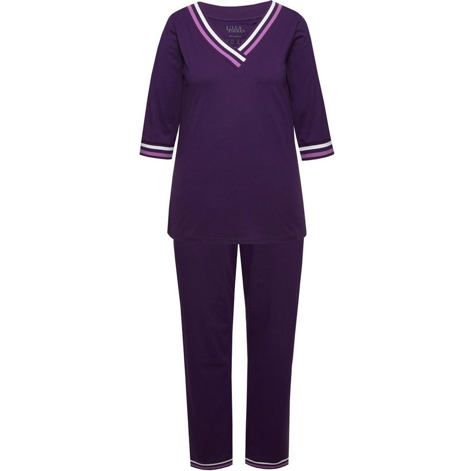Ulla Popken Pyjama Rayures Décoratives Col V Manches 3/4  