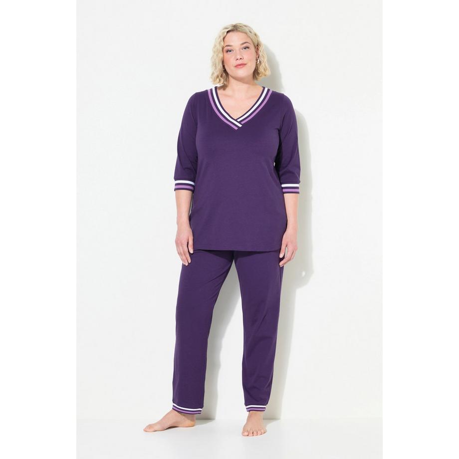 Ulla Popken Pyjama Rayures Décoratives Col V Manches 3/4  