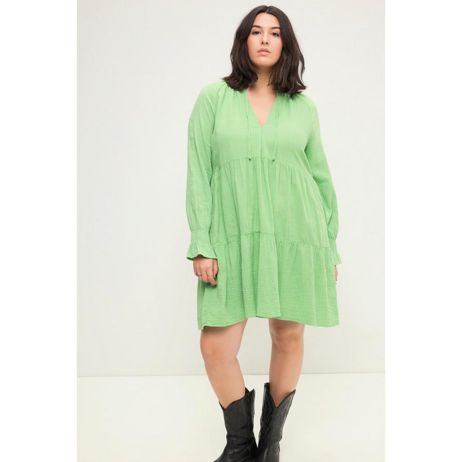 Studio Untold Abito Mini Mussola Taglio Svasato Scollo con Ruche Maniche Lunghe  