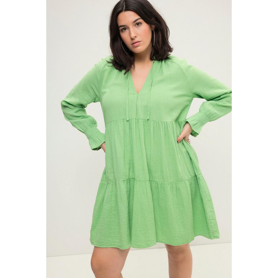 Studio Untold Abito Mini Mussola Taglio Svasato Scollo con Ruche Maniche Lunghe  