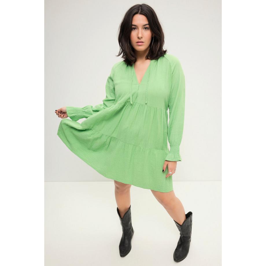 Studio Untold Abito Mini Mussola Taglio Svasato Scollo con Ruche Maniche Lunghe  