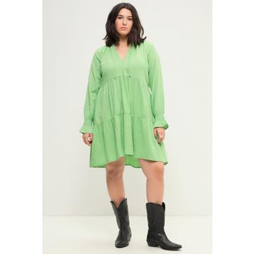 Abito mini in mussola con taglio svasato, scollo con ruche e maniche lunghe