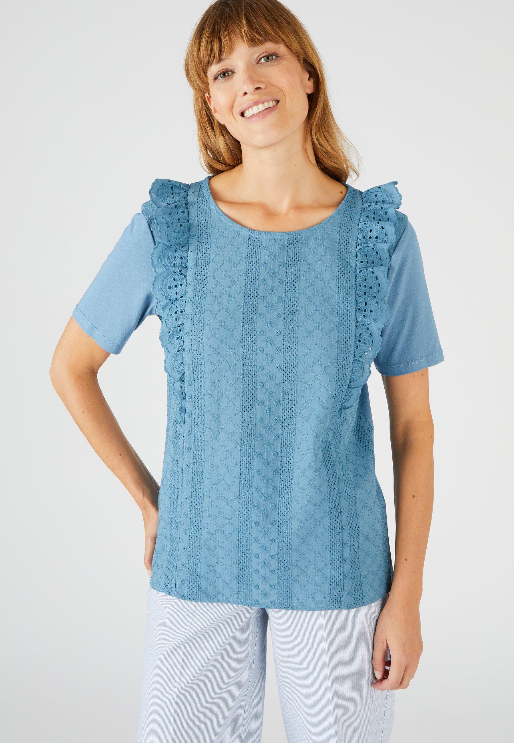 Image of T-shirt Aus Materialmix Mit Lochstickerei. Damen Blau 42/44