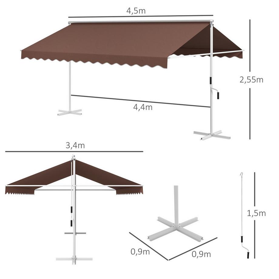 Northio Standmarkise 4,5X3,4M Gartenmarkise Handkurbel Ausziehbar Terrassenüberdachung Verstellbar Sonnenschutz Polyester Kaffee  