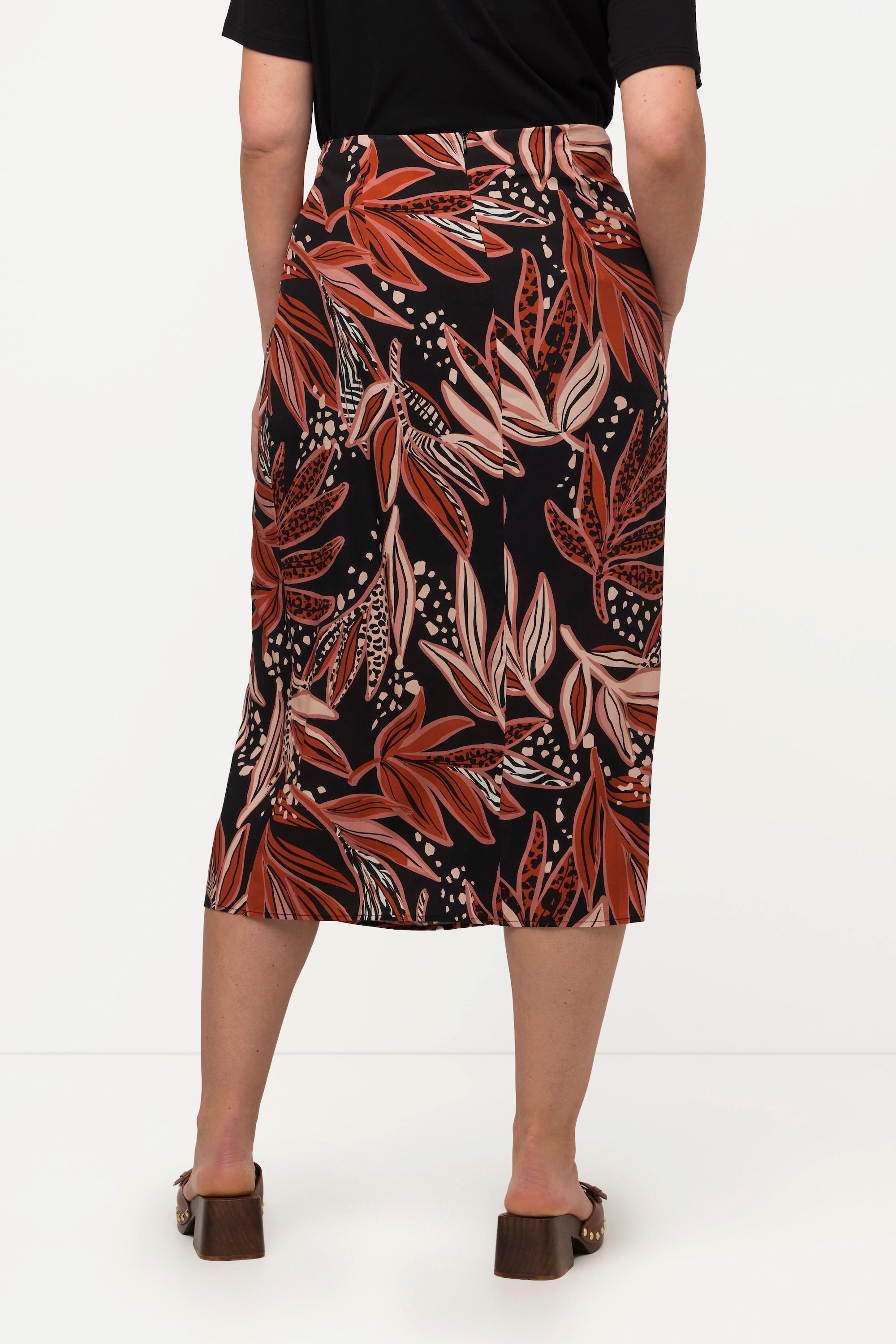 Ulla Popken Gonna Midi Foglie Nodo Decorativo Spacco Foderata  