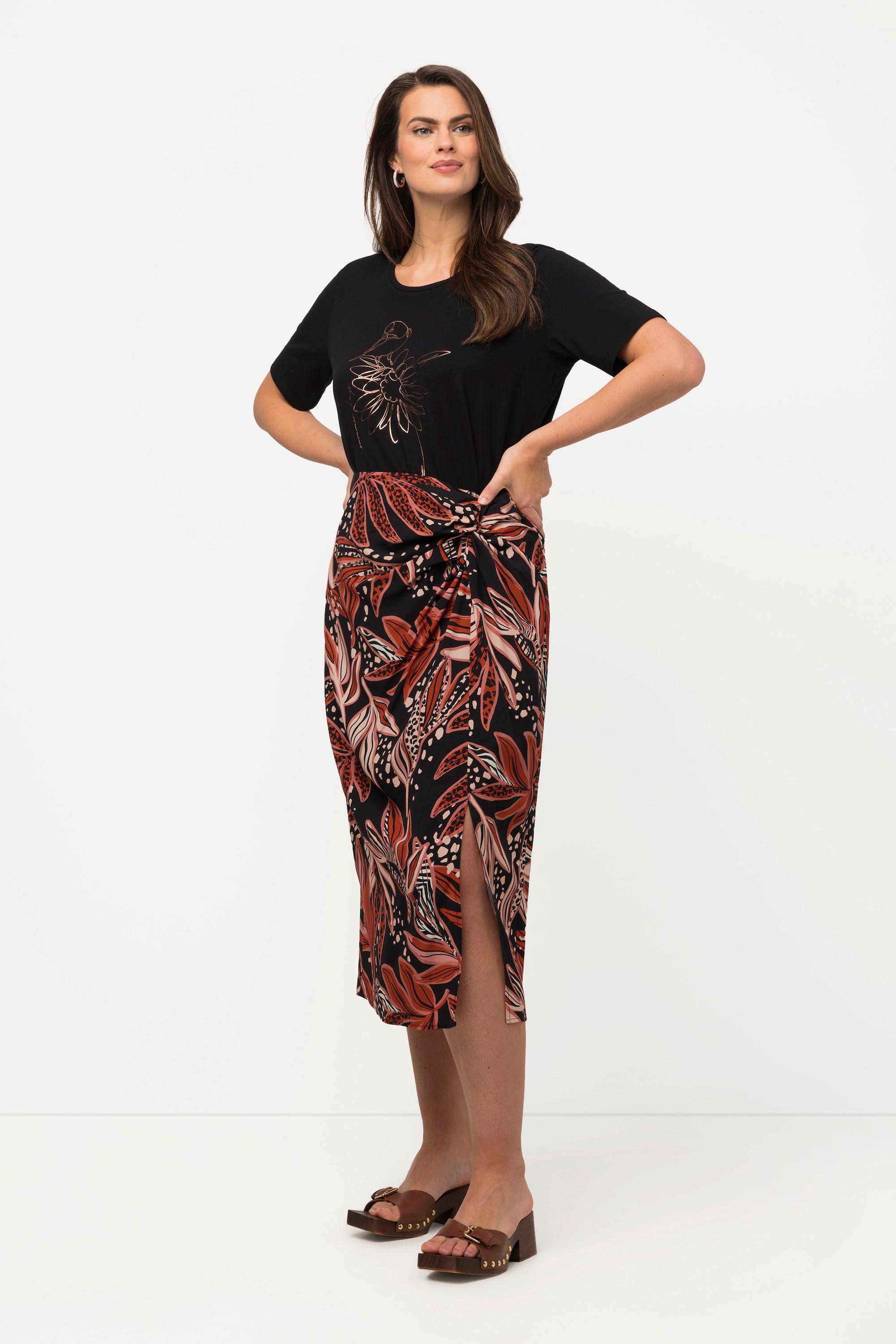 Ulla Popken Gonna Midi Foglie Nodo Decorativo Spacco Foderata  