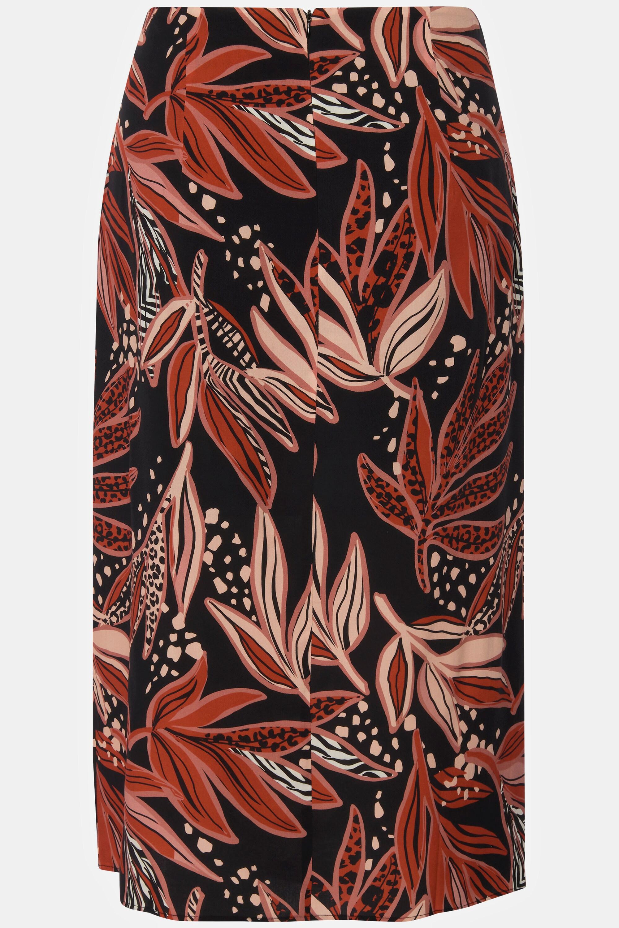 Ulla Popken Gonna Midi Foglie Nodo Decorativo Spacco Foderata  