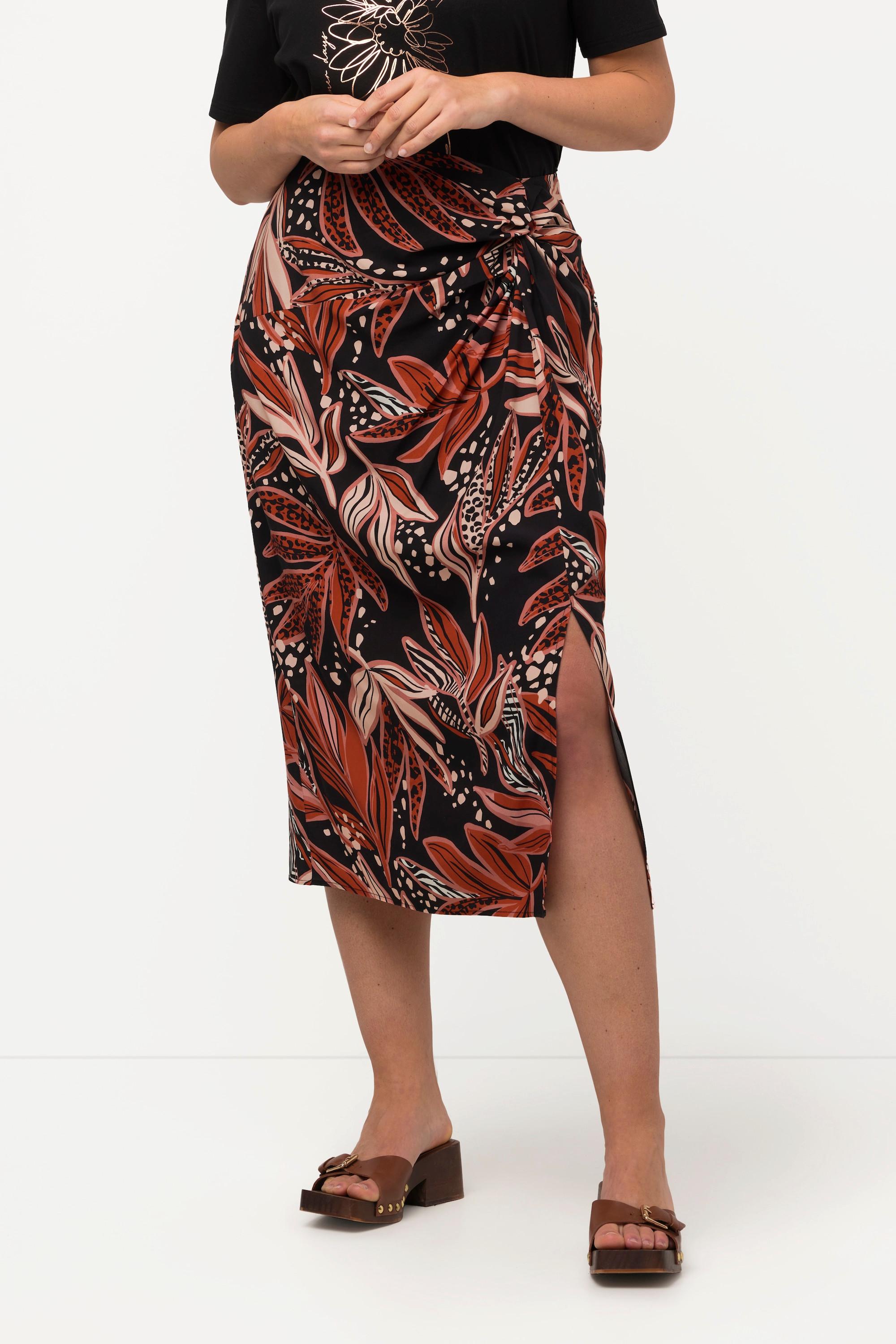 Ulla Popken Gonna Midi Foglie Nodo Decorativo Spacco Foderata  