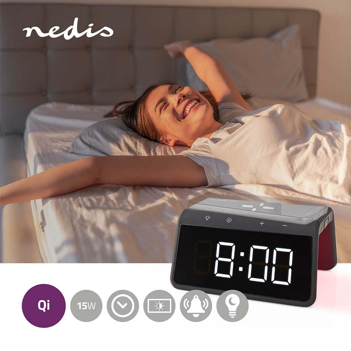 Nedis  Kabelloses Ladegerät für Wecker | Qi-zertifiziert | 5 / 7,5 / 10 / 15 W | USB A-Tap | Nachtlicht | 2 Weckzeiten | Snooze-Funktion 