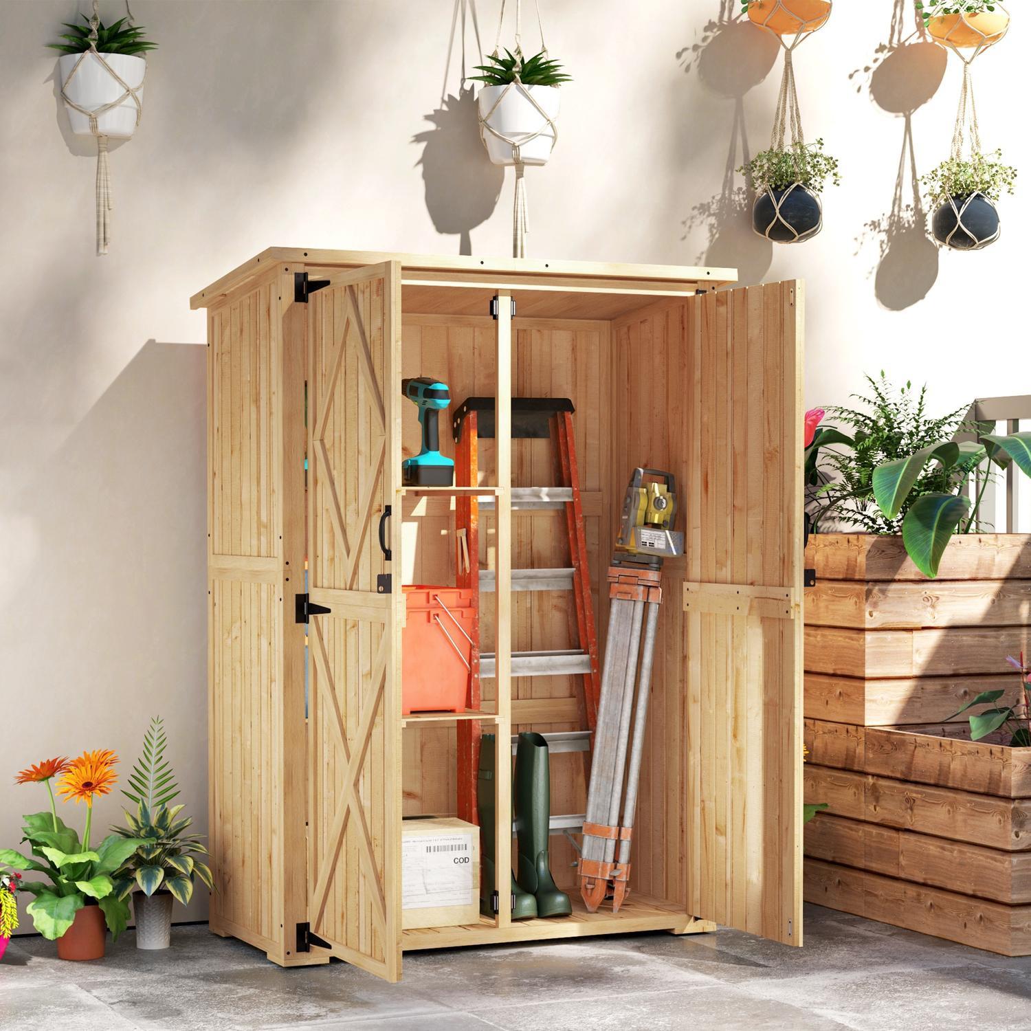 Northio Armoire de jardin en bois, remise à outils avec étagère de toit en asphalte verrouillable à double porte 116,5x57x167cm, armoire à outils résistante aux intempéries, remise à outils abri de jardin pour jardin, terrasse, bois naturel |  