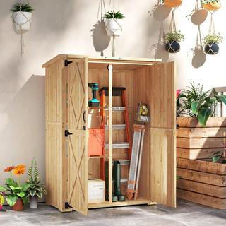 Northio Armoire de jardin en bois, remise à outils avec étagère de toit en asphalte verrouillable à double porte 116,5x57x167cm, armoire à outils résistante aux intempéries, remise à outils abri de jardin pour jardin, terrasse, bois naturel |  