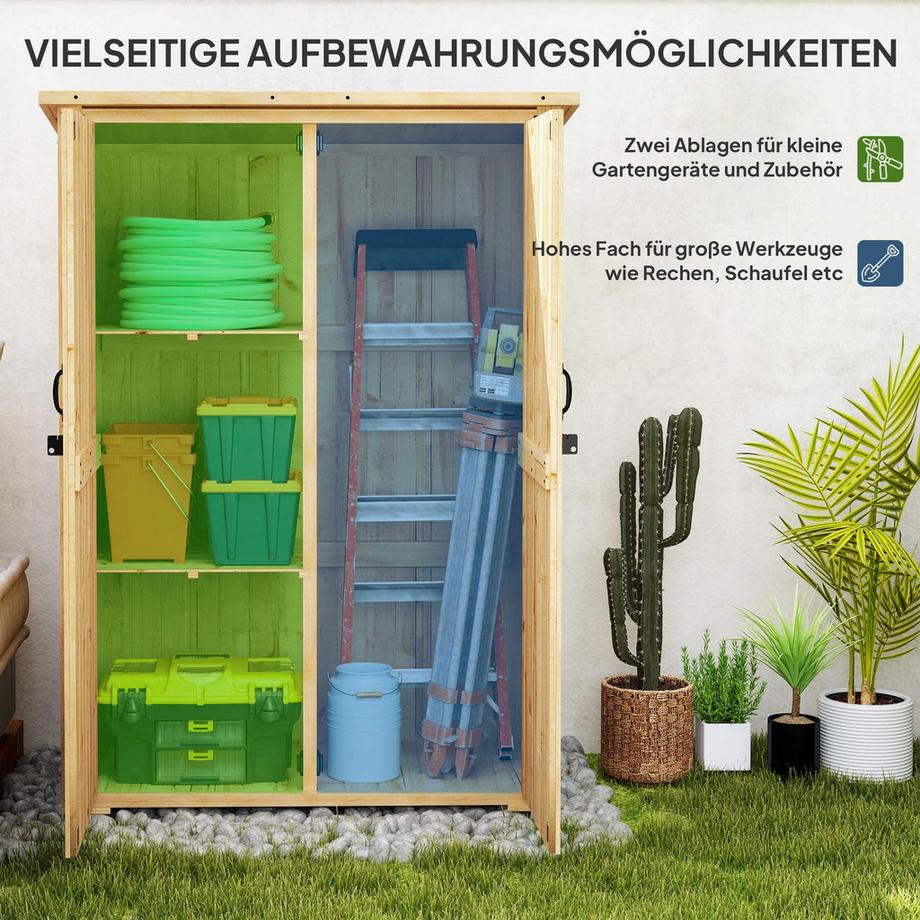Northio Gartenschrank Holz, Geräteschuppen mit Abschließbar Doppeltür Asphalt-Dach Ablage 116,5x57x167cm, wetterfest Geräteschrank, Gerätehaus Gartenschuppen für Garten, Terrasse, Naturholz |  