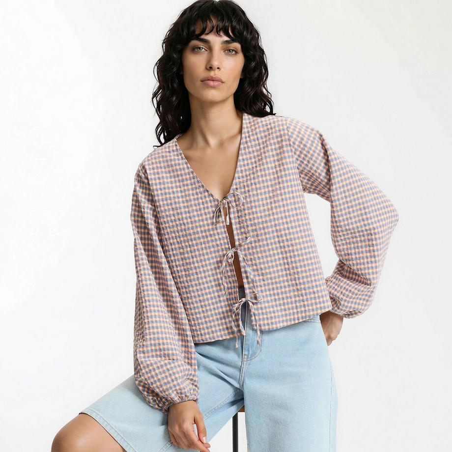 La Redoute Collections Blouse col V à Carreaux à Liens à Nouer  