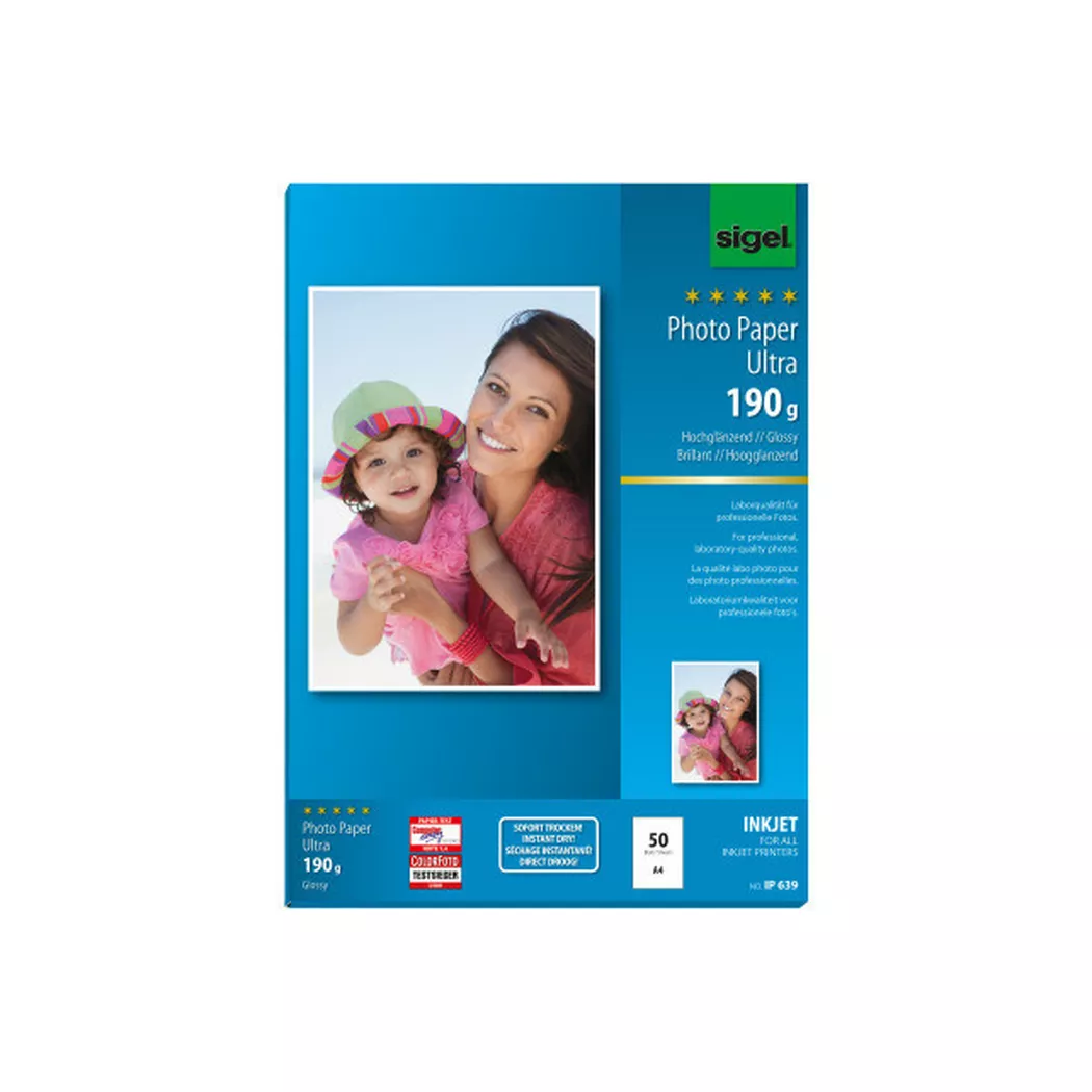 Sigel – InkJet Fotopapier A4 IP639 190g,glossy, weiss 50 Blatt, One Size