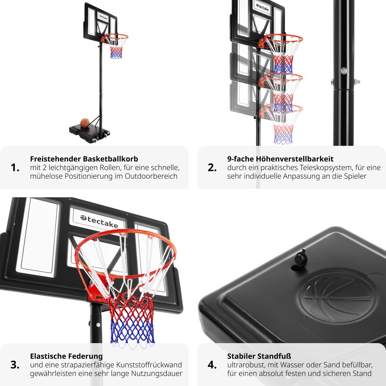 Tectake  Panier de basket Dirk, hauteur de panier 230 - 305 cm, avec ballon et pompe 