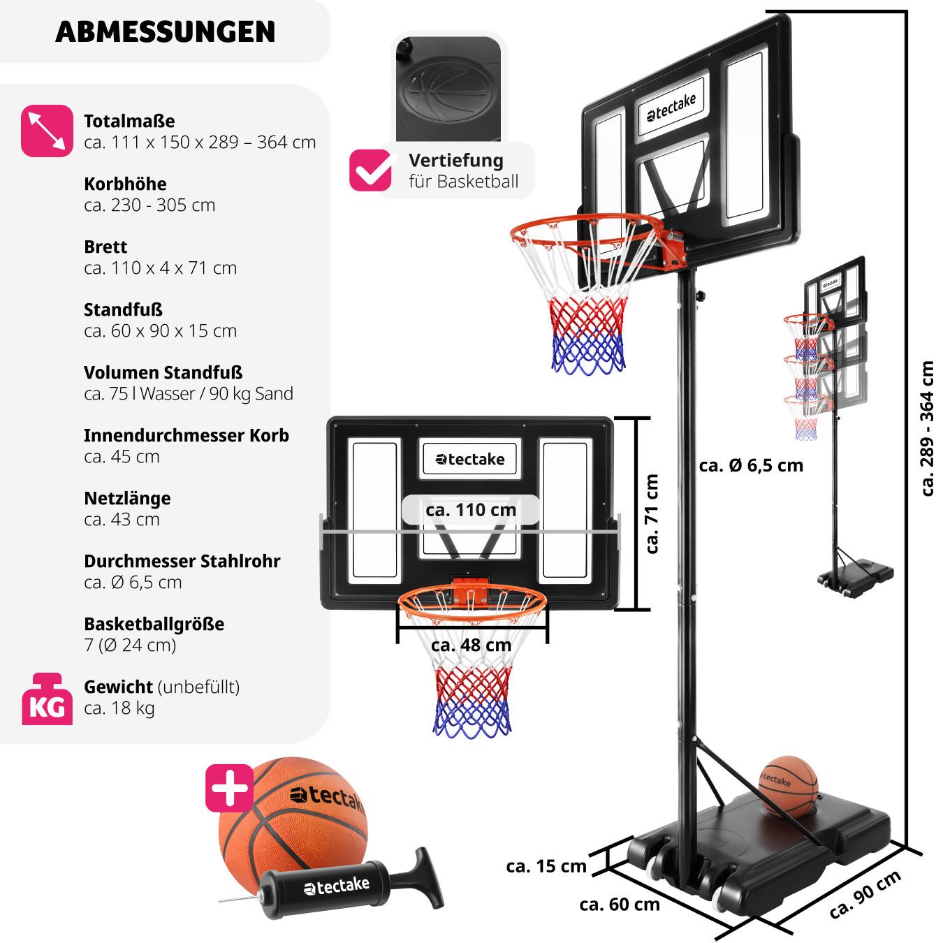 Tectake  Panier de basket Dirk, hauteur de panier 230 - 305 cm, avec ballon et pompe 