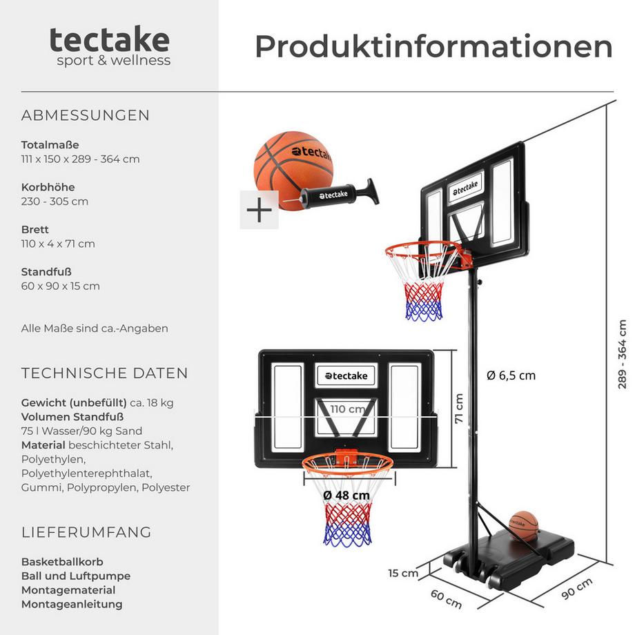 Tectake  Basketballkorb Dirk Outdoor freistehend mit Rückwand 