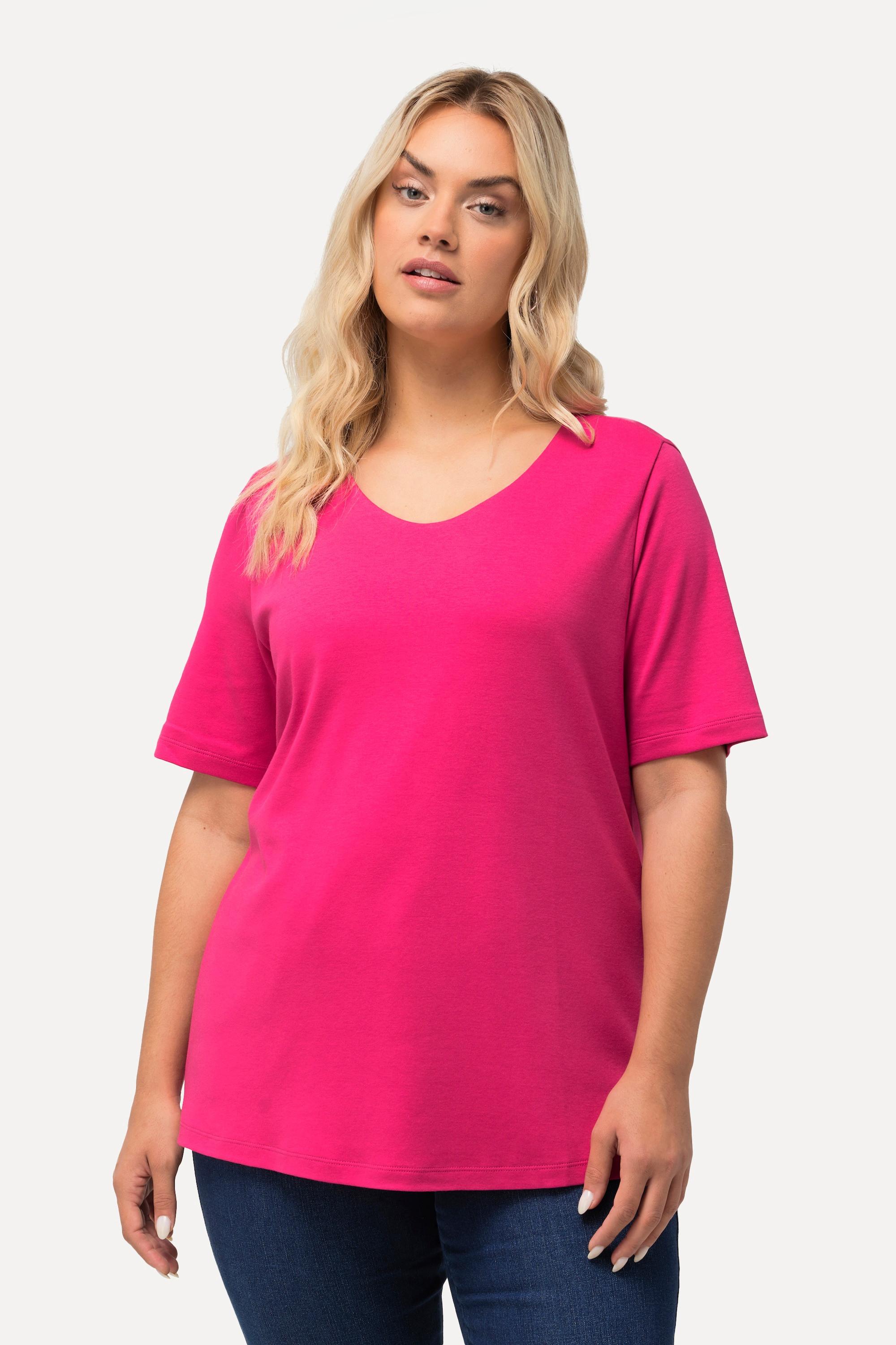 Ulla Popken  T-shirt doublé sur le devant, col rond et manches courtes - coupe Slim Fit 