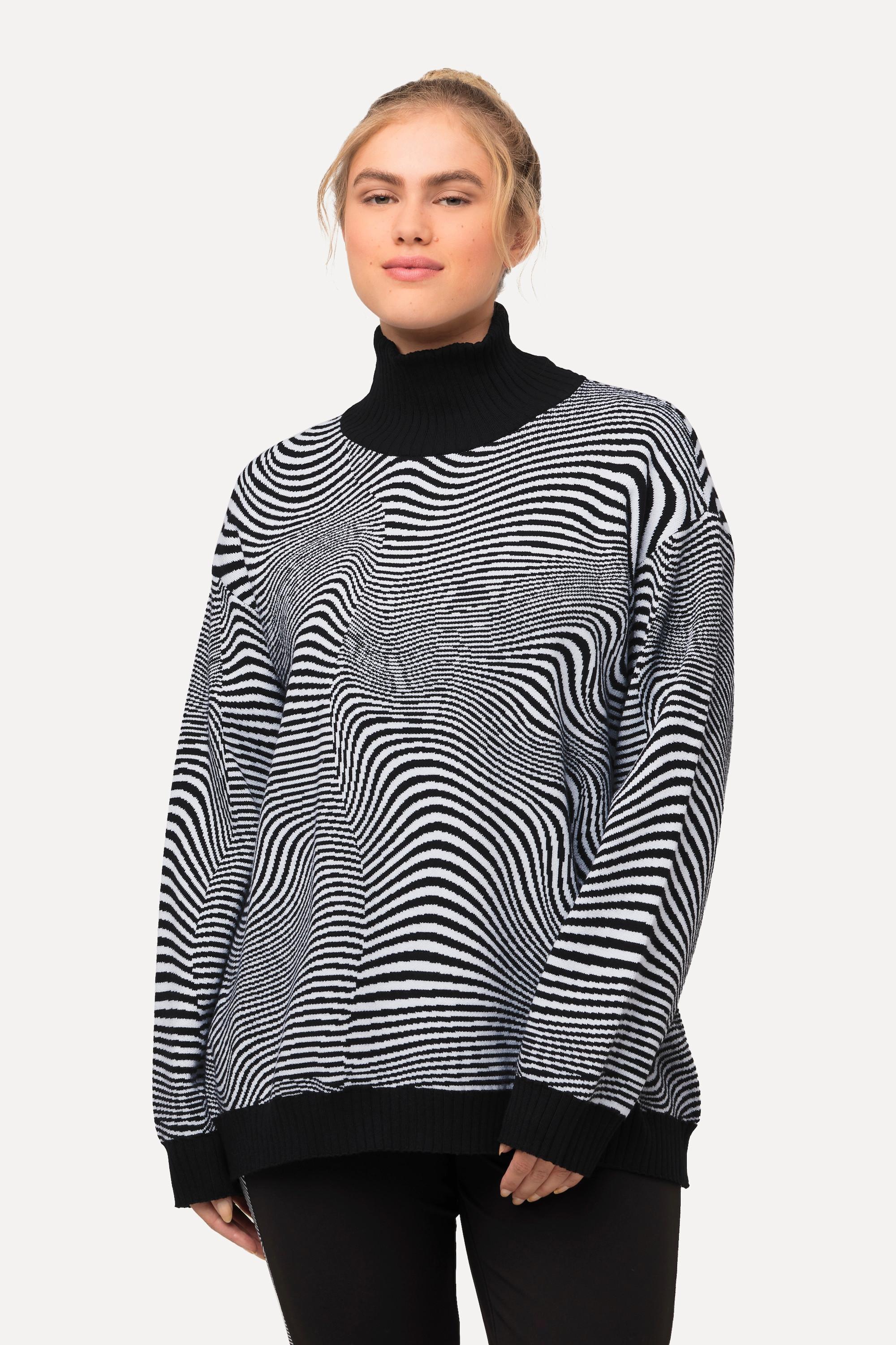 Ulla Popken  Pull oversize à col montant et manches longues, motif vagues 