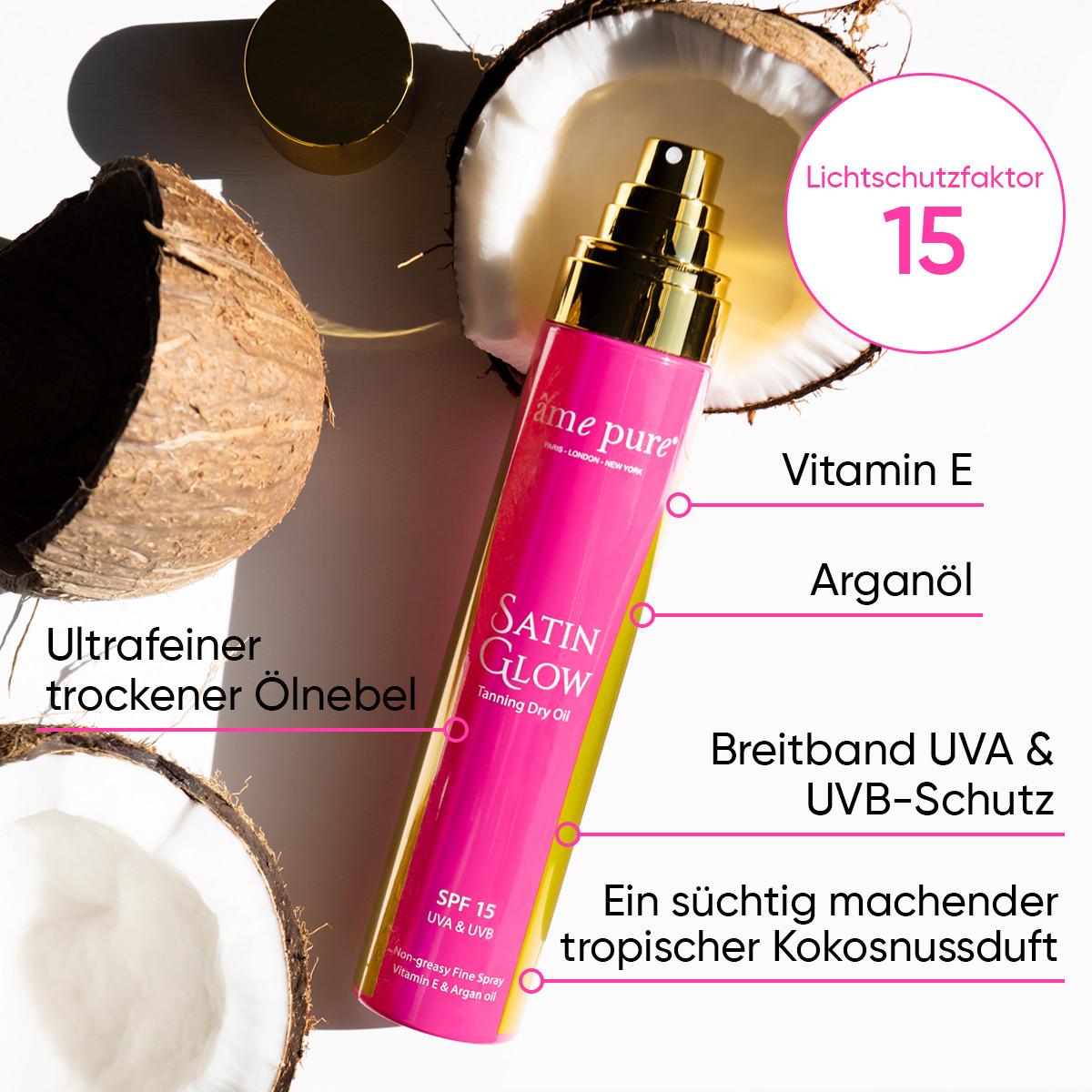 âme pure  Satin Glow | Sonnenöl  SPF 15 - Bräunungsöl, UVA/ UVB-Strahlen Schütztung/ Duft der tropischen Kokosnuss 