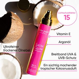 âme pure  Satin Glow | Sonnenöl  SPF 15 - Bräunungsöl, UVA/ UVB-Strahlen Schütztung/ Duft der tropischen Kokosnuss 